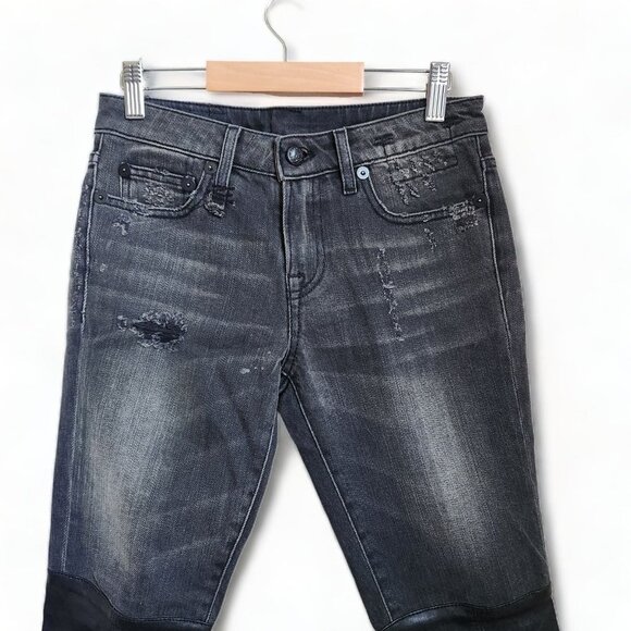 R13 Japanese Denim Knee Chaps‎ Shredded Black Leather Sz 24 Style R13wm0040-69 - Picture 5 of 14